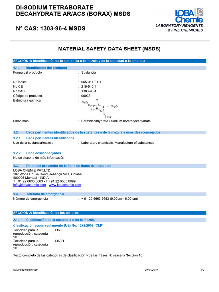 MSDS diSODIUM - TETRABORATE - DECAHYDRATE, Flux (BORAX Las) | PDF ...