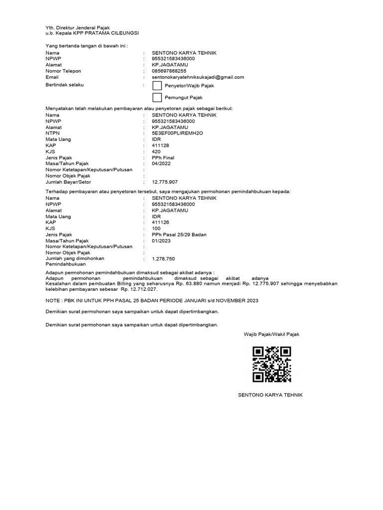 Permohonan PBK (PPH Pasal 25 Badan 1-11-2023) | PDF