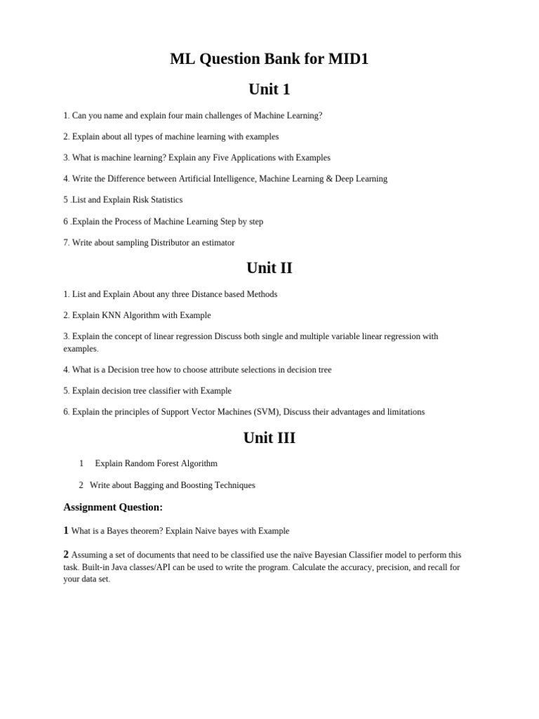 ML IMID IMP Question Bank & Assignment | PDF