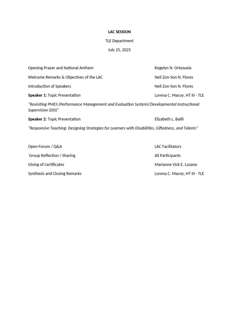 Lac Session Program | PDF