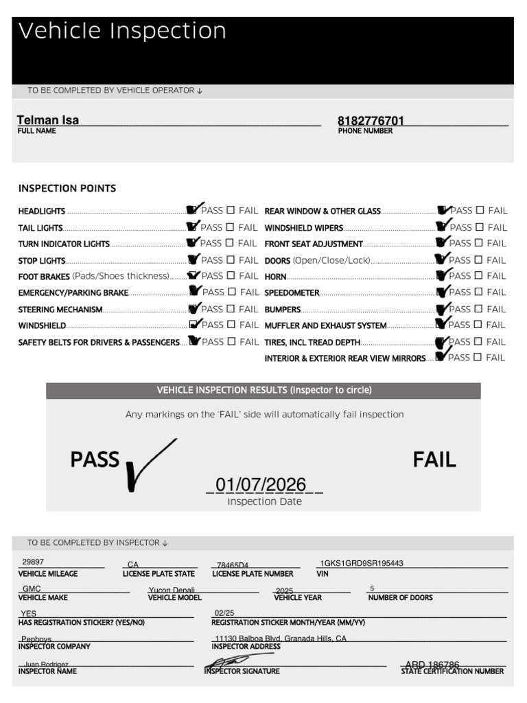 Uber Vehicle Inspection Form | PDF | Vehicles | Land Vehicles