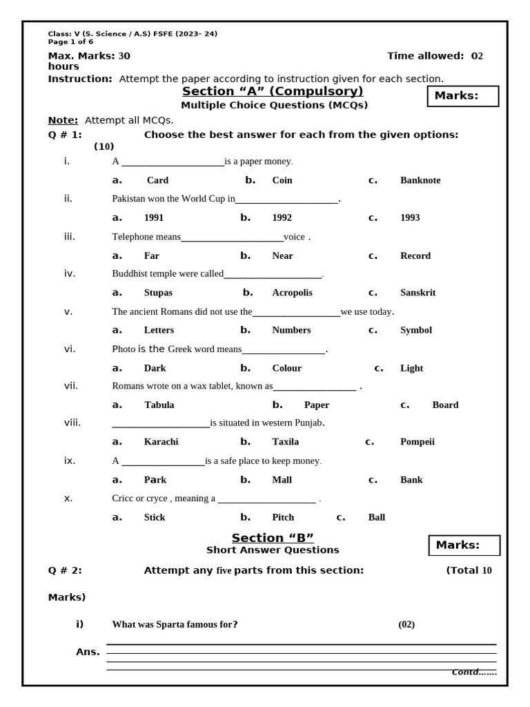 Class - V (S. Science) Answer Sheet by Ms Abeera | PDF