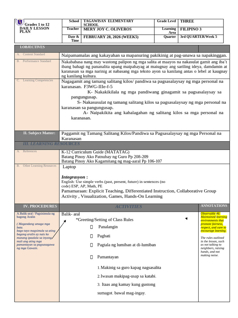 Quarter3 Cot Filipino 3 Week 5 Pandiwa | PDF
