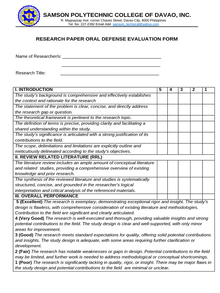 Research Paper Oral Defense Evaluation Form | PDF | Evaluation ...