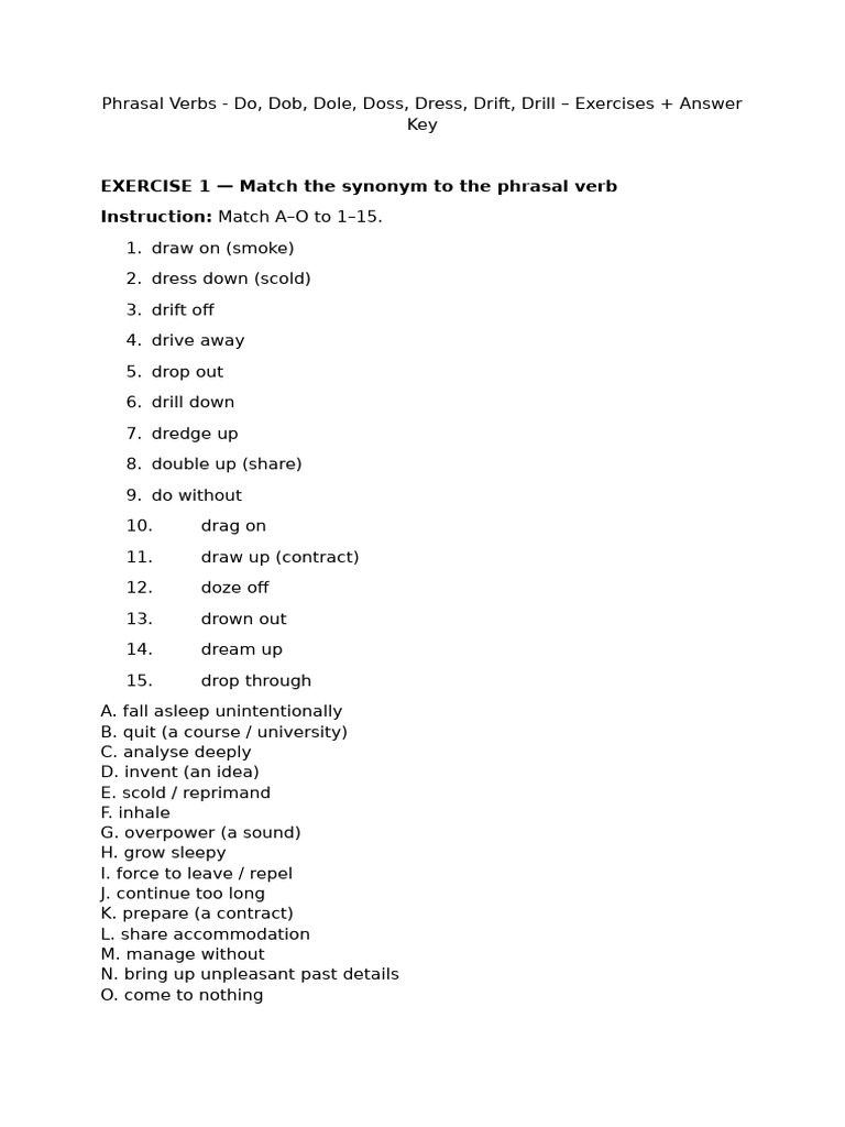 Phrasal Verbs - Do, Dob, Dole, Doss, Dress, Drift, Drill – Exercises ...