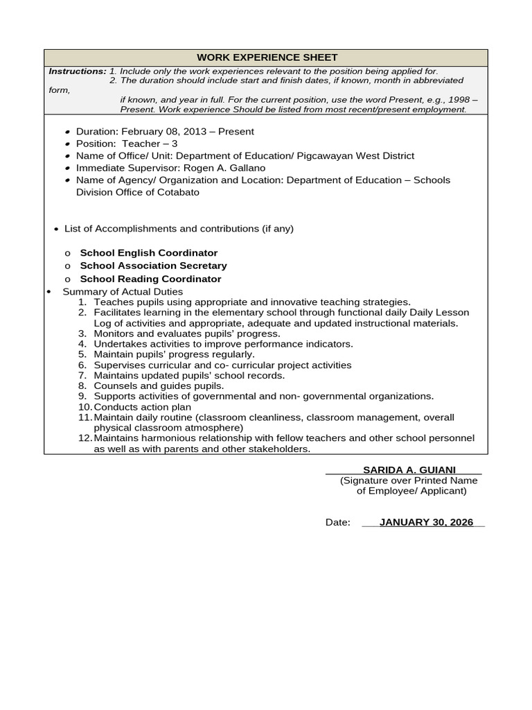 PDS Work Experience Sheet | PDF | Teachers | Curriculum