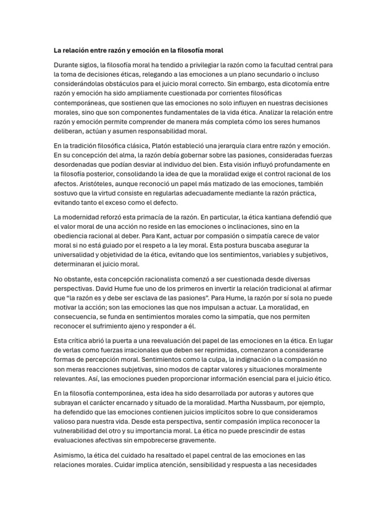 La relación entre razón y emoción en la filosofía moral | PDF ...