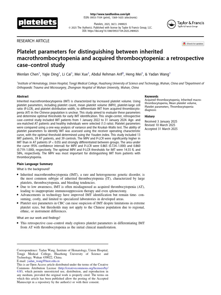 Platelet Parameters For Distinguishing Between Inh | PDF | Clinical ...