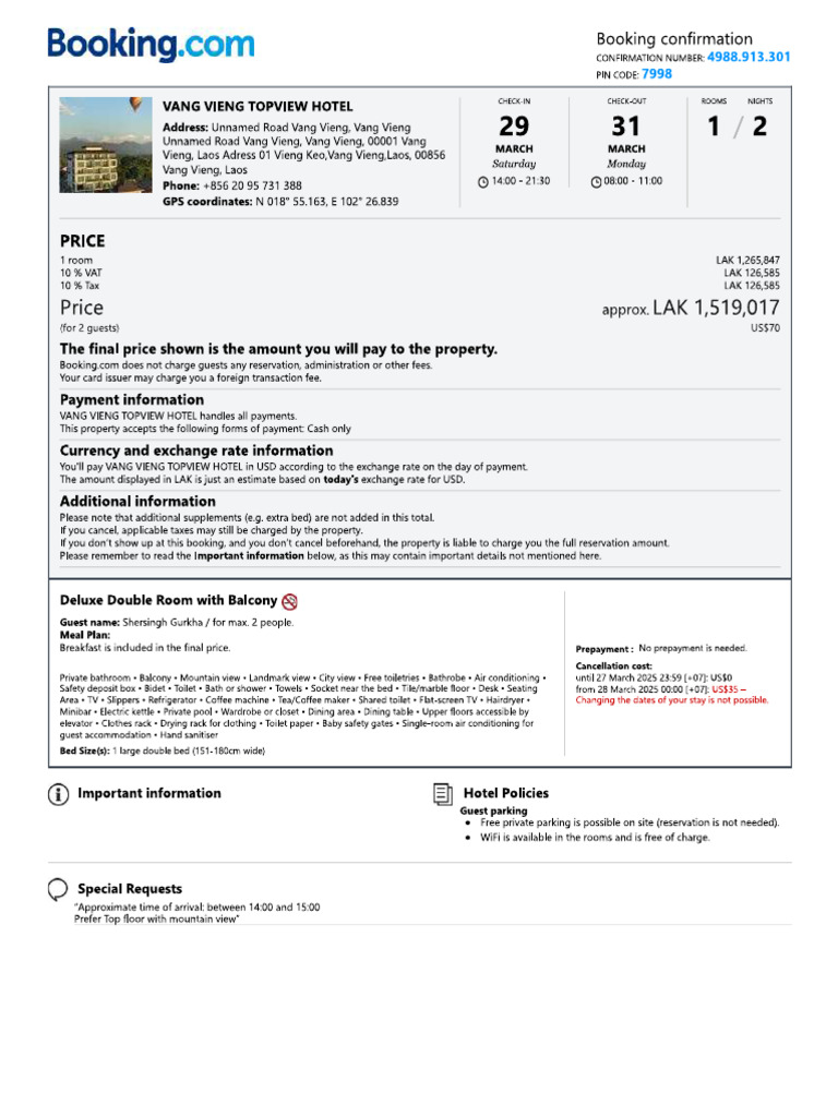 Hotel Booking Confirmation | PDF