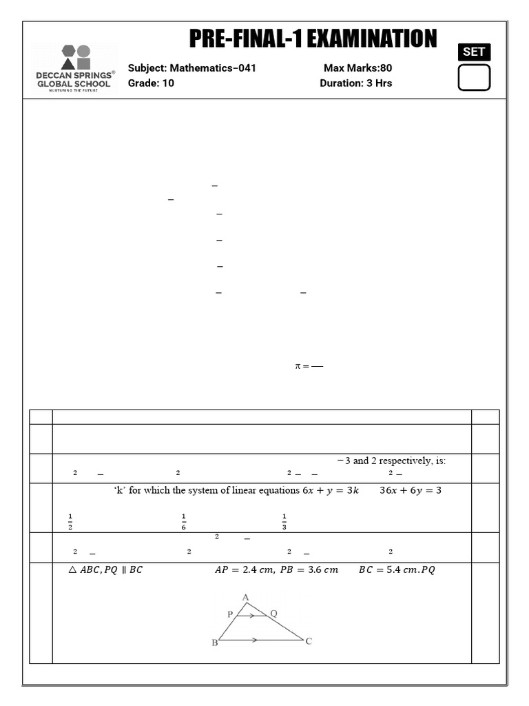 Grade 10 Maths Pre-Final-1 QP Set-1 | PDF | Circle | Sphere