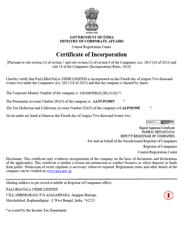 SPICE Part BCertificate of Incorporation Pallibangla | PDF