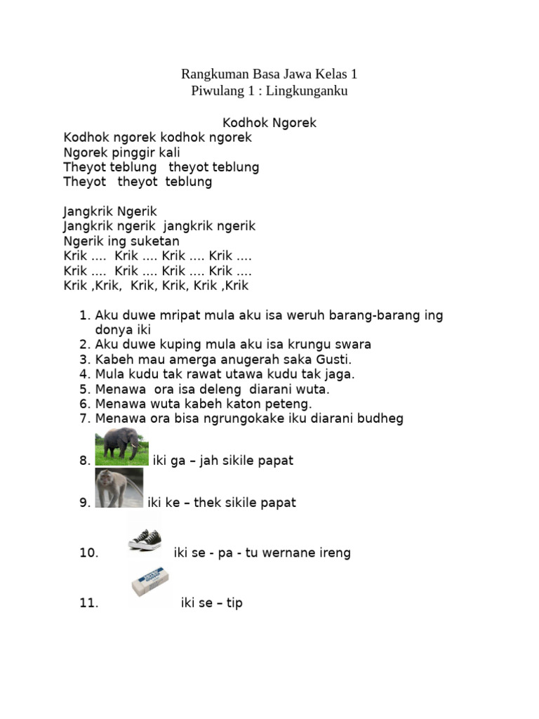 Rangkuman 1 Basa Jawa Kelas 1 2025 | PDF