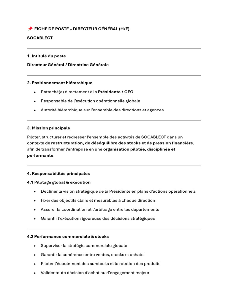 1 Fiche de Poste DG | PDF | Business | Directeur général