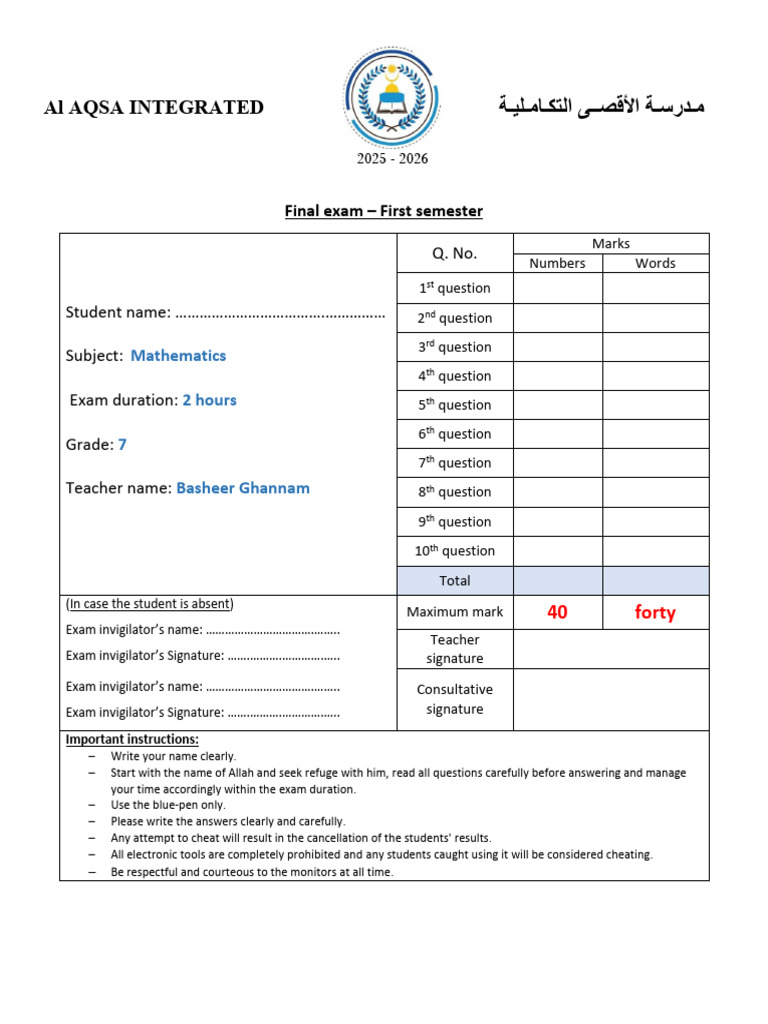 Mathematics Grade 7 QP A | PDF | Mathematics | Arithmetic