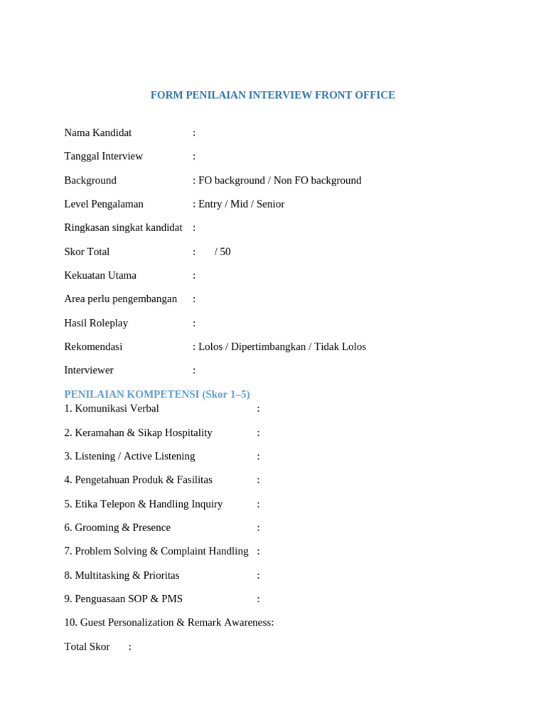 Form Penilaian Interview Front Office Print | PDF