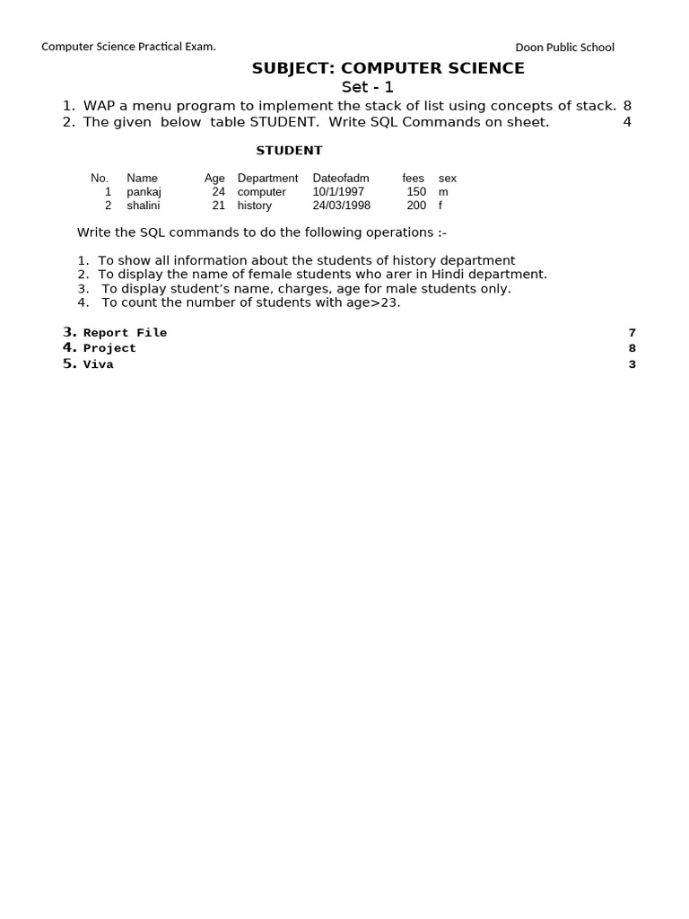 Prac. Exam. of Comp Sc. (5 Sets) | PDF | Data Management | Computer ...