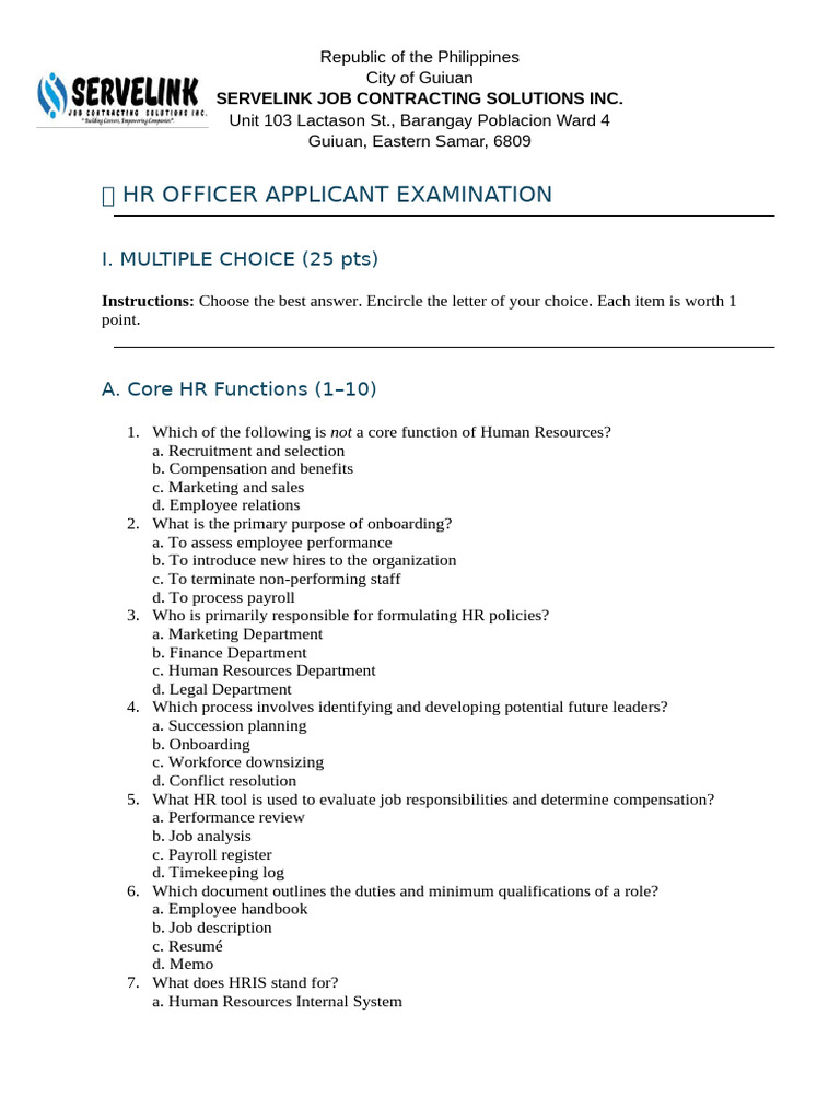 ? HR Officer Applicant Examination | PDF | Employment | Human Resources