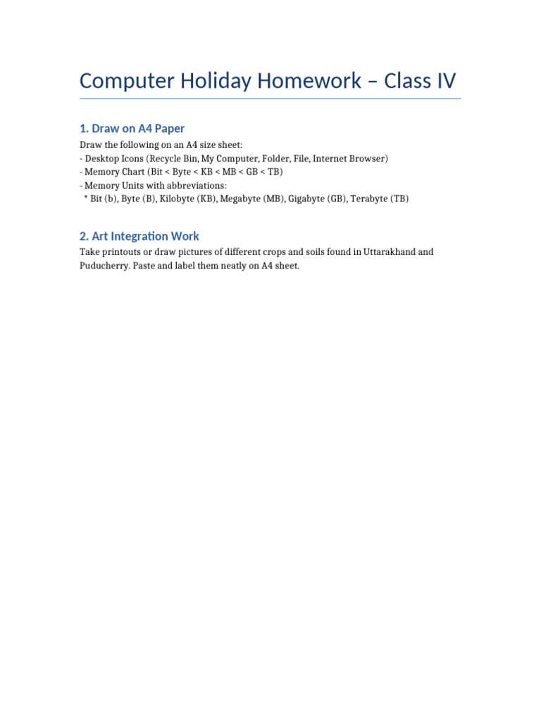 Computer Holiday Homework Raj Class IV | PDF