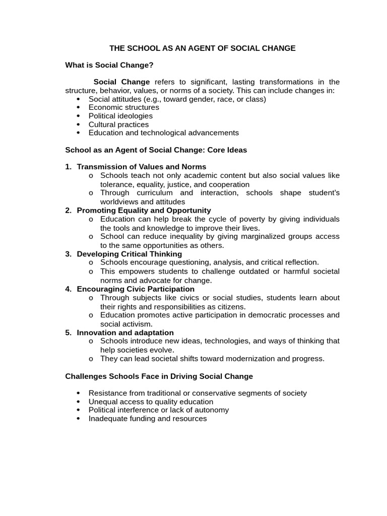 The School As An Agent of Social Change | PDF | Social Equality | Society