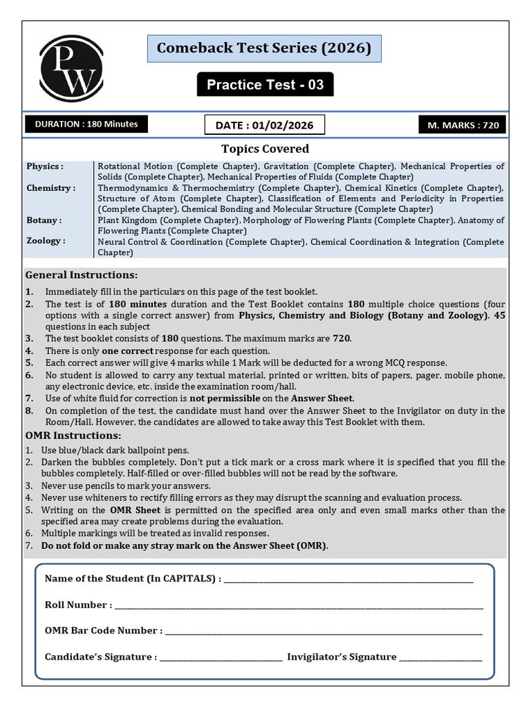 NCT Test Paper 03 | PDF | Rotation Around A Fixed Axis | Orbit