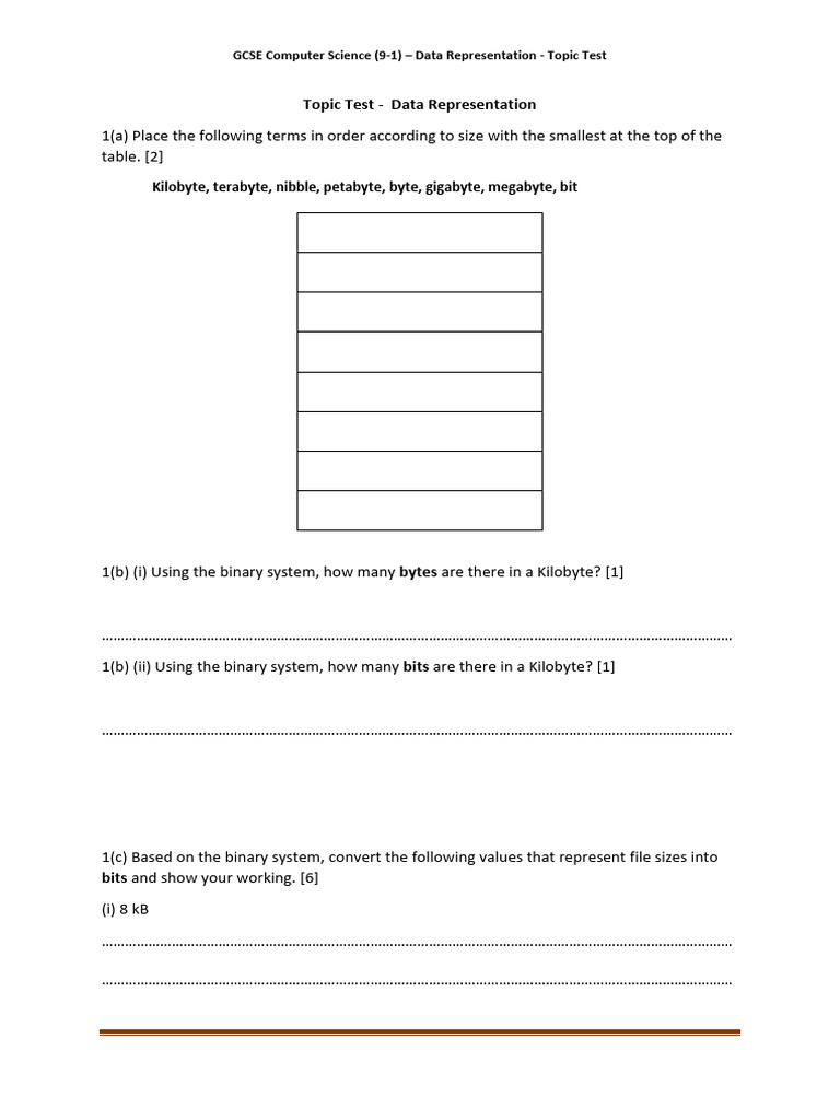 Data Representation Revision Test | PDF | Data Compression | Bit Rate