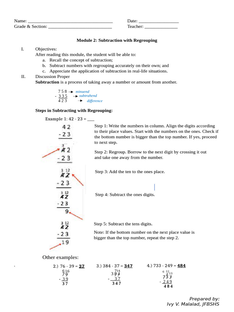 Module 2 Subtraction With Regrouping | PDF | Subtraction | Arithmetic