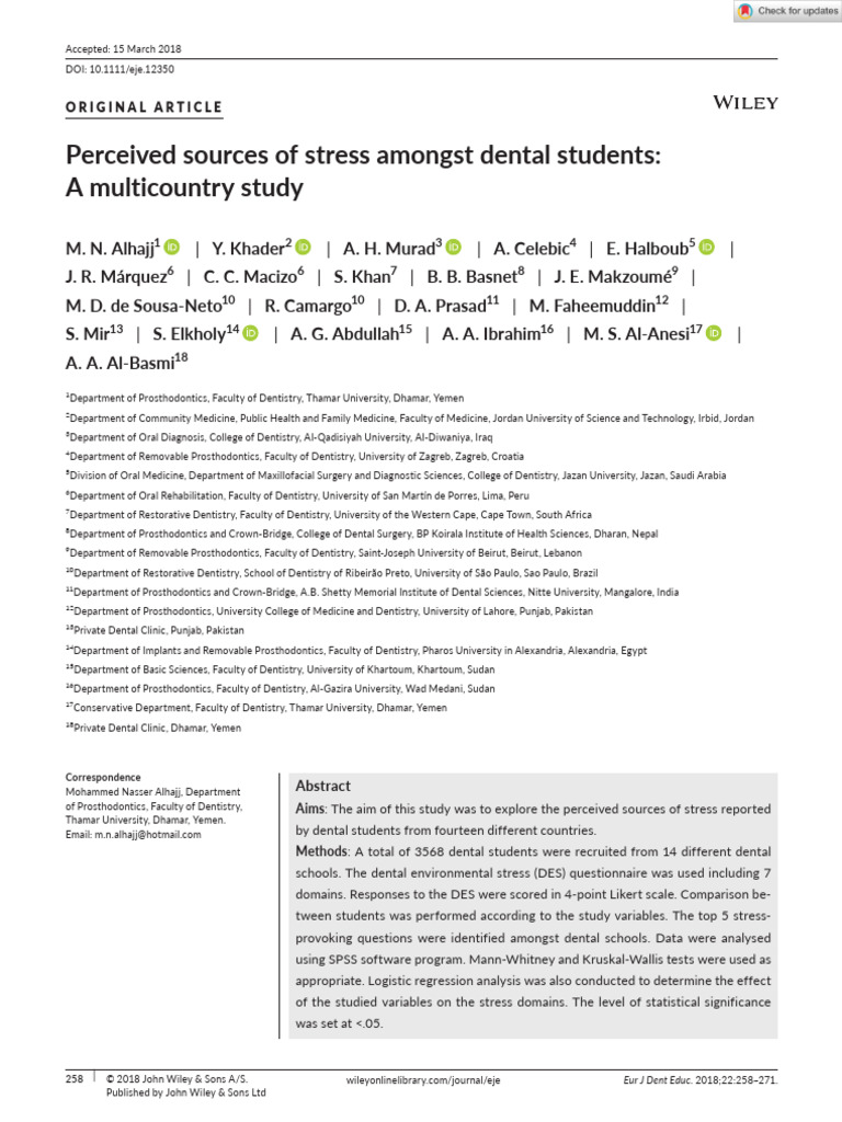Eur J Dental Education - 2018 - Alhajj - Perceived Sources of Stress ...