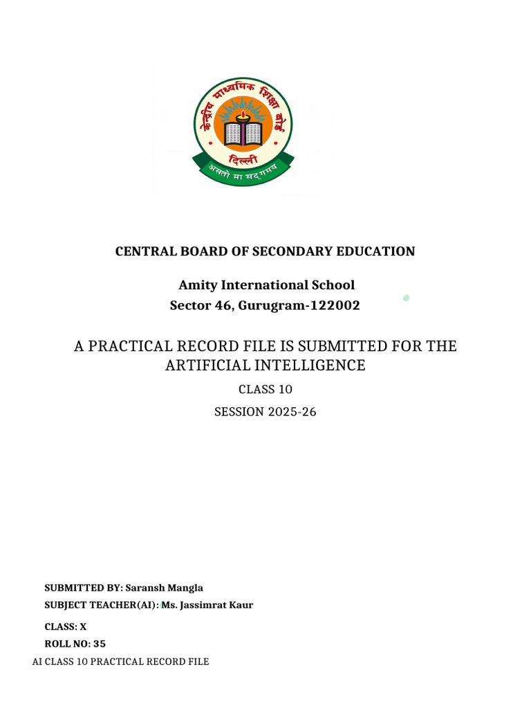 Submission AI Practical File Class 10 | PDF