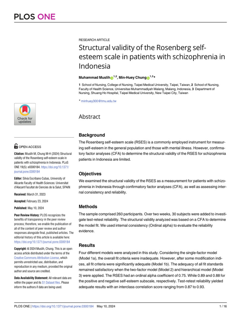 RSES For Schizophrenia Aged 20-63 | PDF | Self Esteem | Mental Disorder
