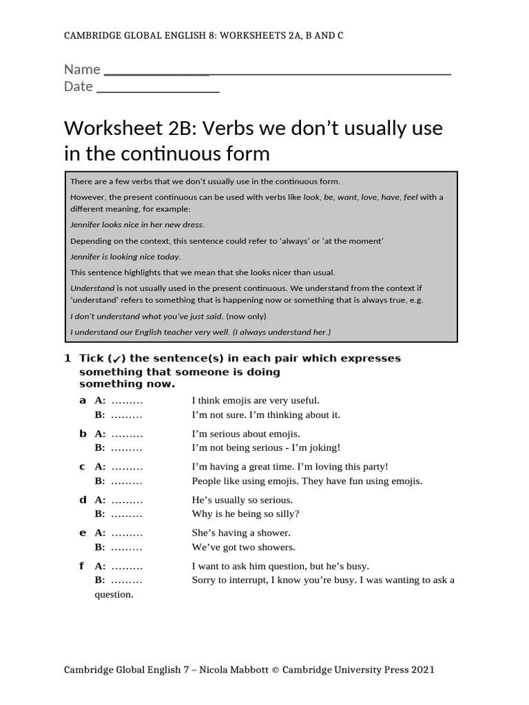 Present Continuous Worksheet | PDF