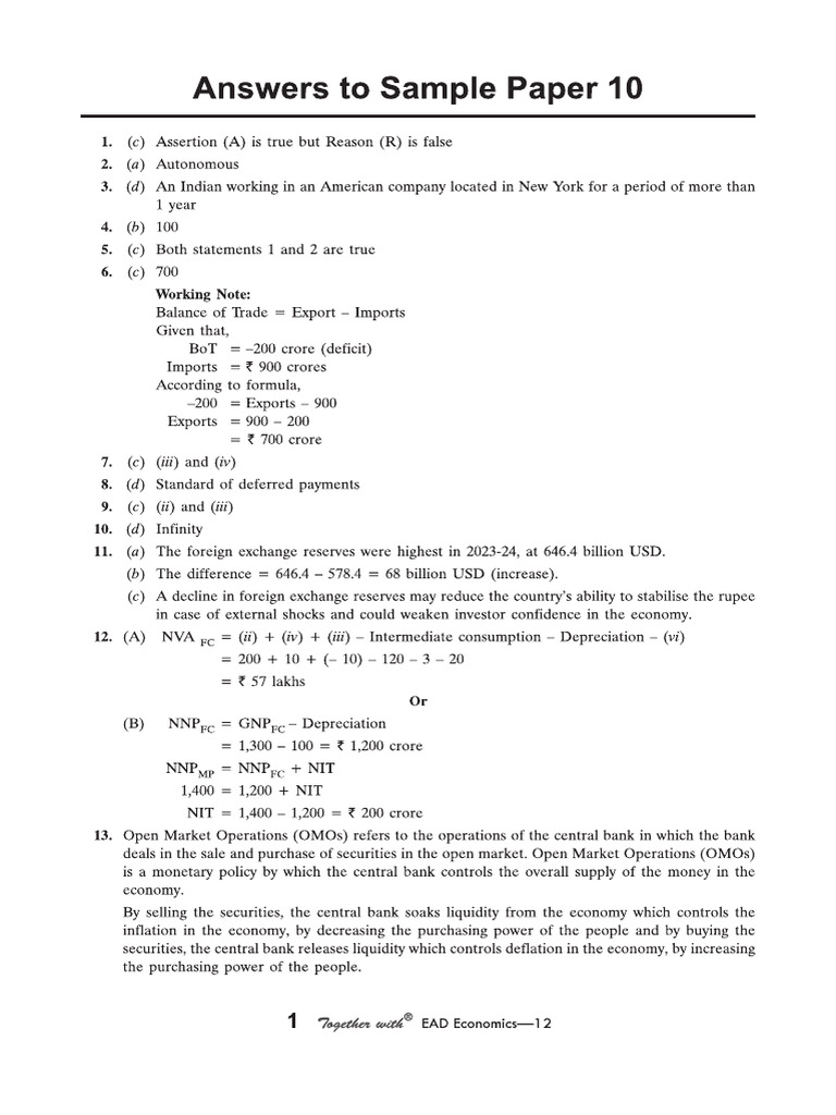 Cbse Cl12 Ead Economics 2026 Edition Ans To SP 10 | PDF
