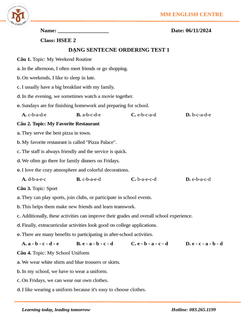 (HSEE 1) Sentence Ordering Test 1 | PDF | Foods | Cuisine