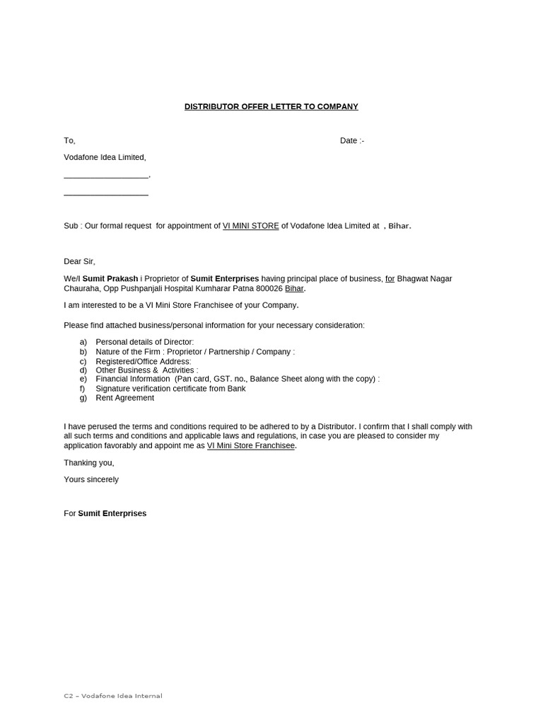 FOFO Distributor Offer Letter To Company | PDF