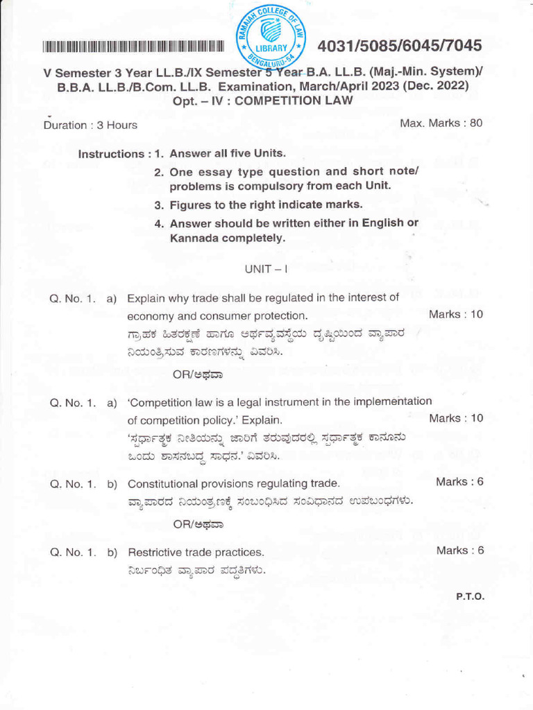 9th Sem Competition Law Apr 2023 | PDF | Economics Of Regulation ...
