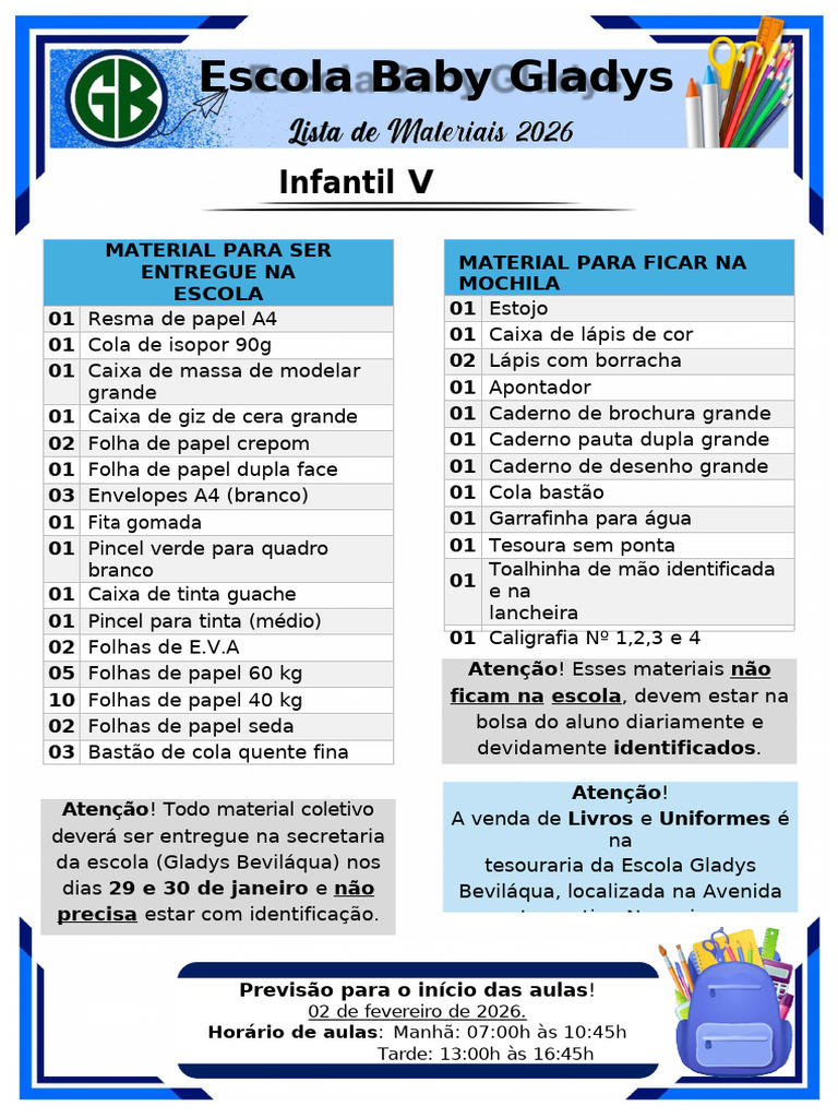 4 - Infantil V - Lista de Material | PDF | Papel | Artesanato