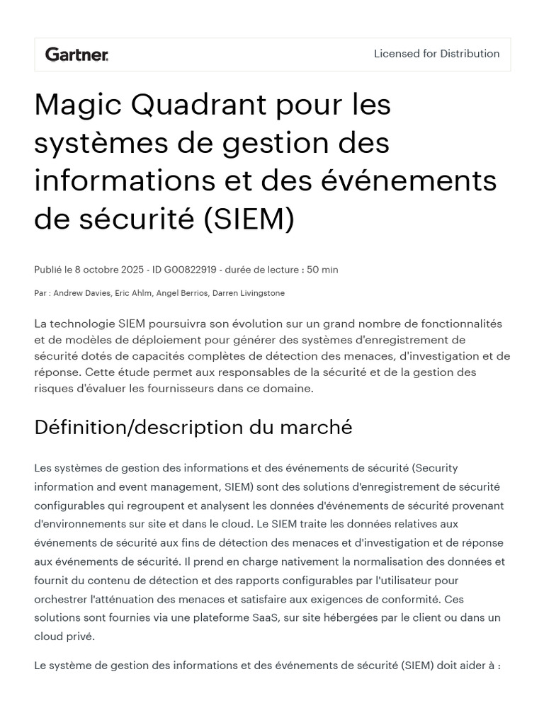 Magic Quadrant Pour Les Systèmes de Gestion Des Informations Et Des ...
