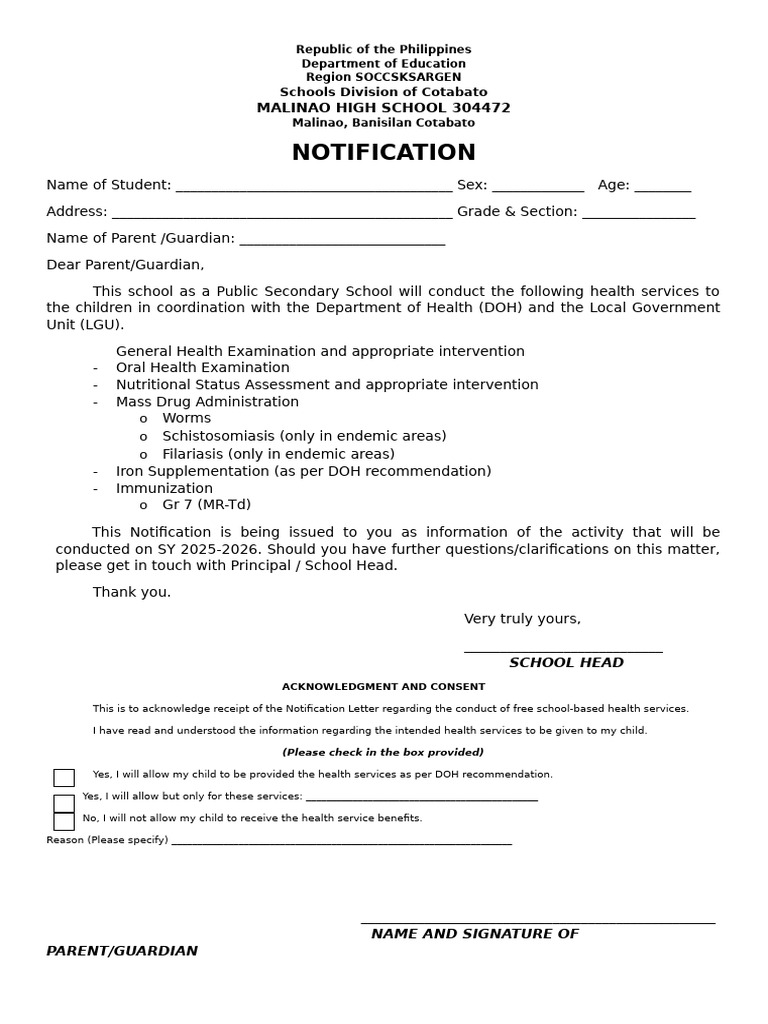 Notification Consent Deworming Etc | PDF
