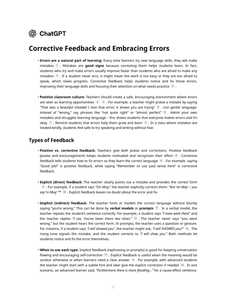 Corrective Feedback and Embracing Errors | PDF | Learning | Question
