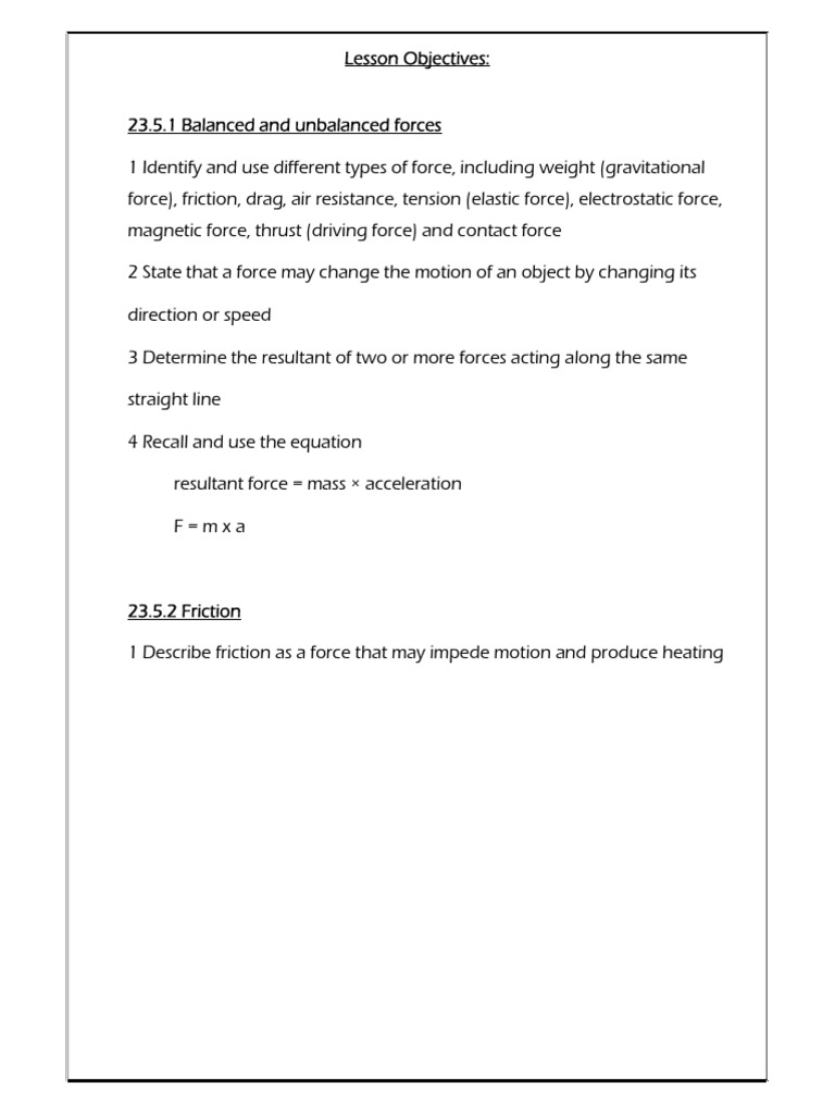 Balanced and Unbalanced Forces, Friction | PDF | Force | Mass