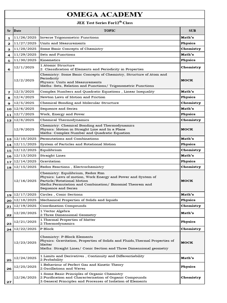 Time Table 12th JEE 2026 Final | PDF | Chemistry | Physics