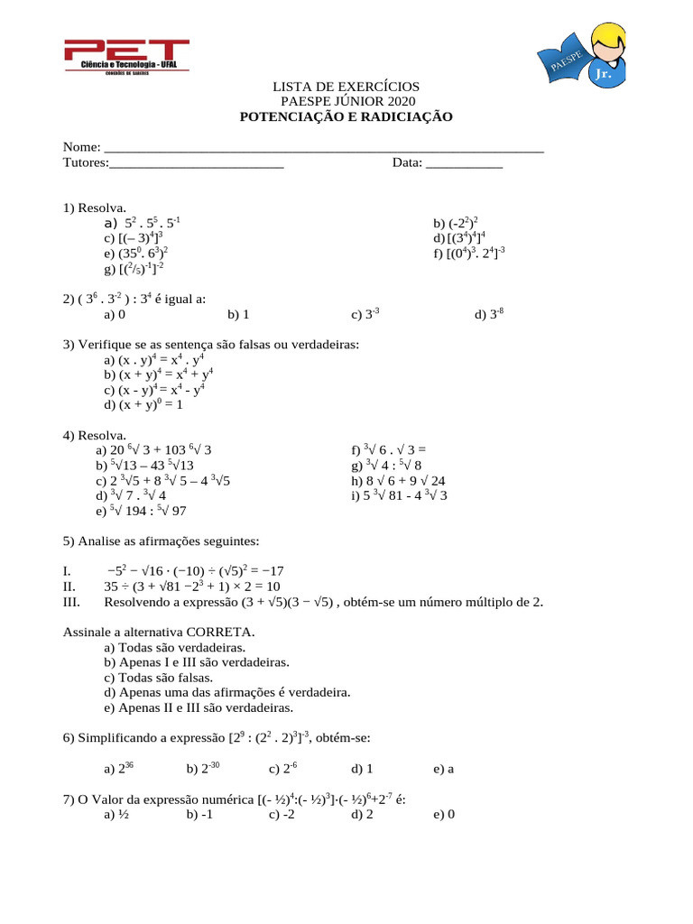 Lista de Exercícios - Potenciação e Radiciação - Paespe JR 2020 | PDF