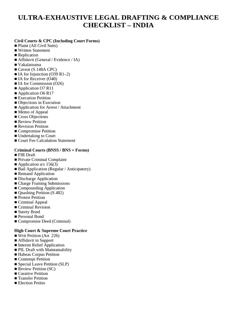 Ultra Exhaustive Legal Drafting Checklist India | PDF | Intellectual ...