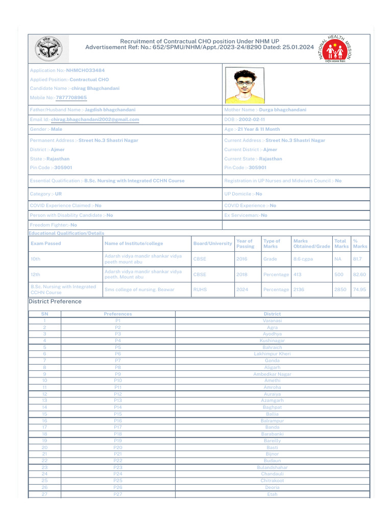 Recurtment of Contractual CHO Position Under NHM UP | PDF