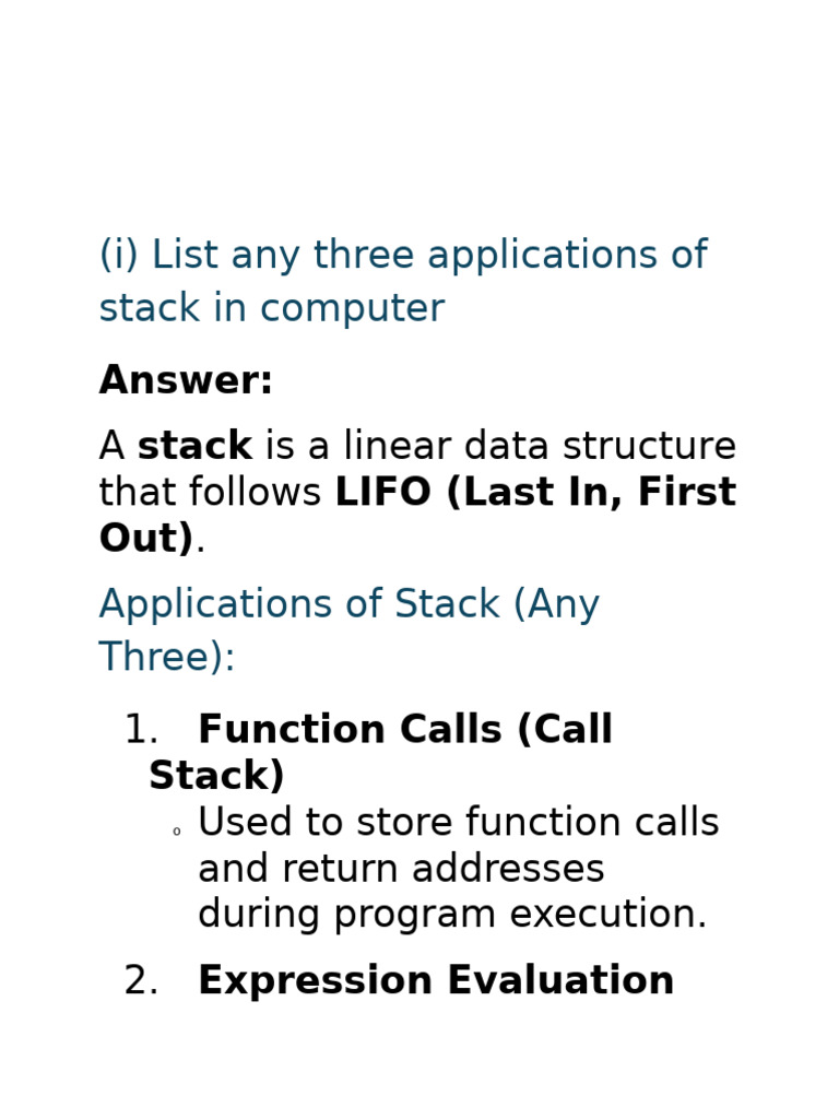 (I) List Any Three Applications of Stack in Computer | PDF