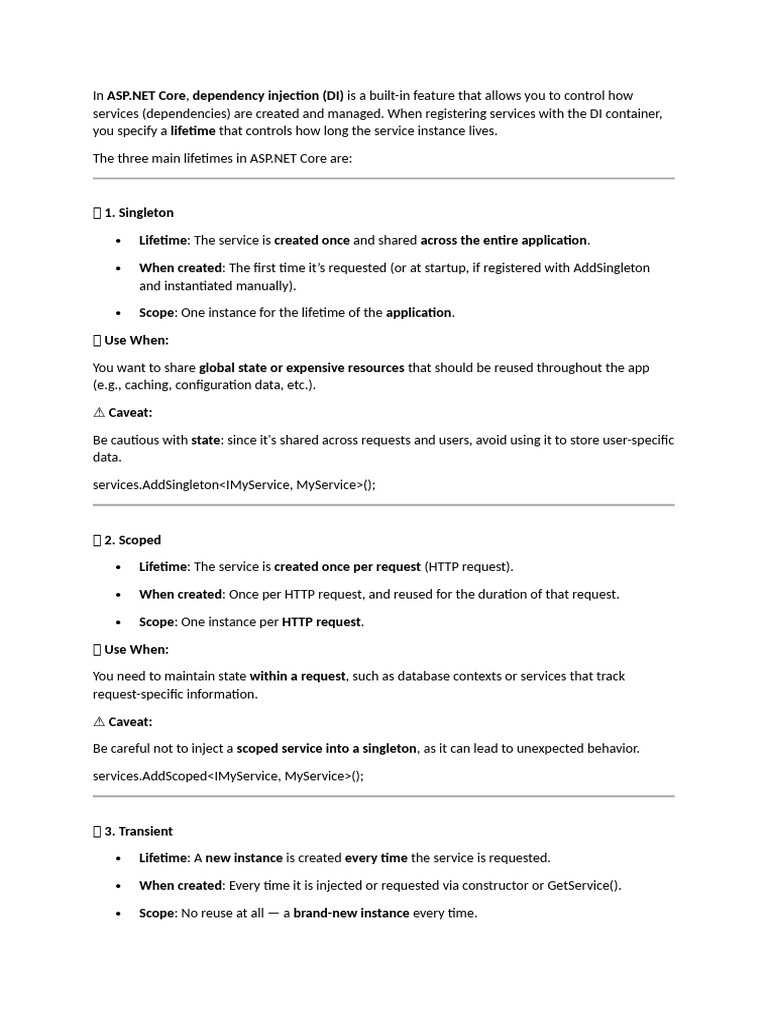 Core, Dependency Injection (DI) Lifetime | PDF | Information Technology ...