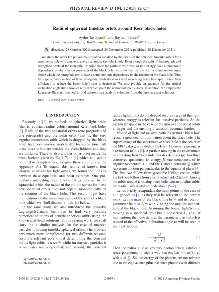 Radii of Spherical Timelike Orbits Around Kerr Black Holes | PDF ...