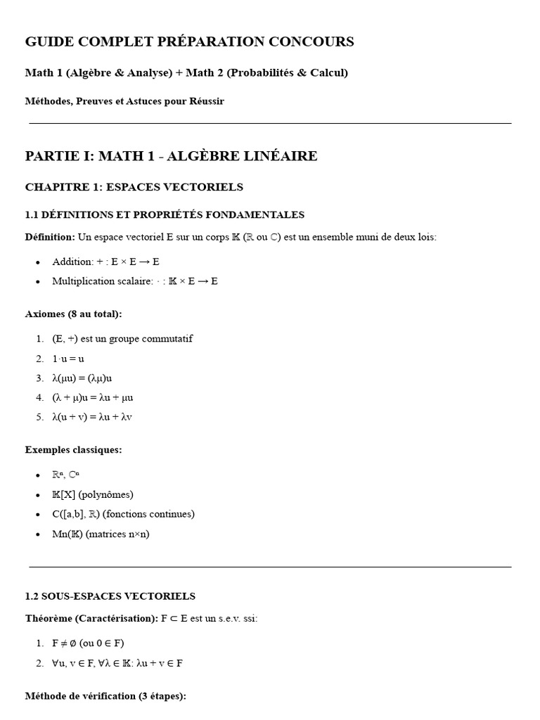 Guide Complet Prépa - Concours Math 1 & Math 2 | PDF | Espace vectoriel ...