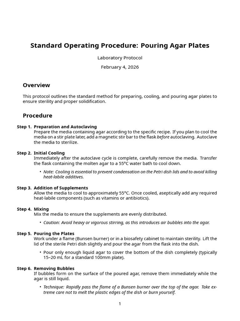 Protocol Pouring Agar Plates | PDF | Agar | Sterilization (Microbiology)