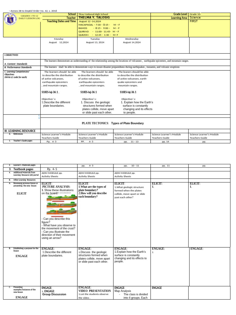 DLL AUGUST 26 - 30 Science Ten Lesson Plan | PDF | Plate Tectonics ...
