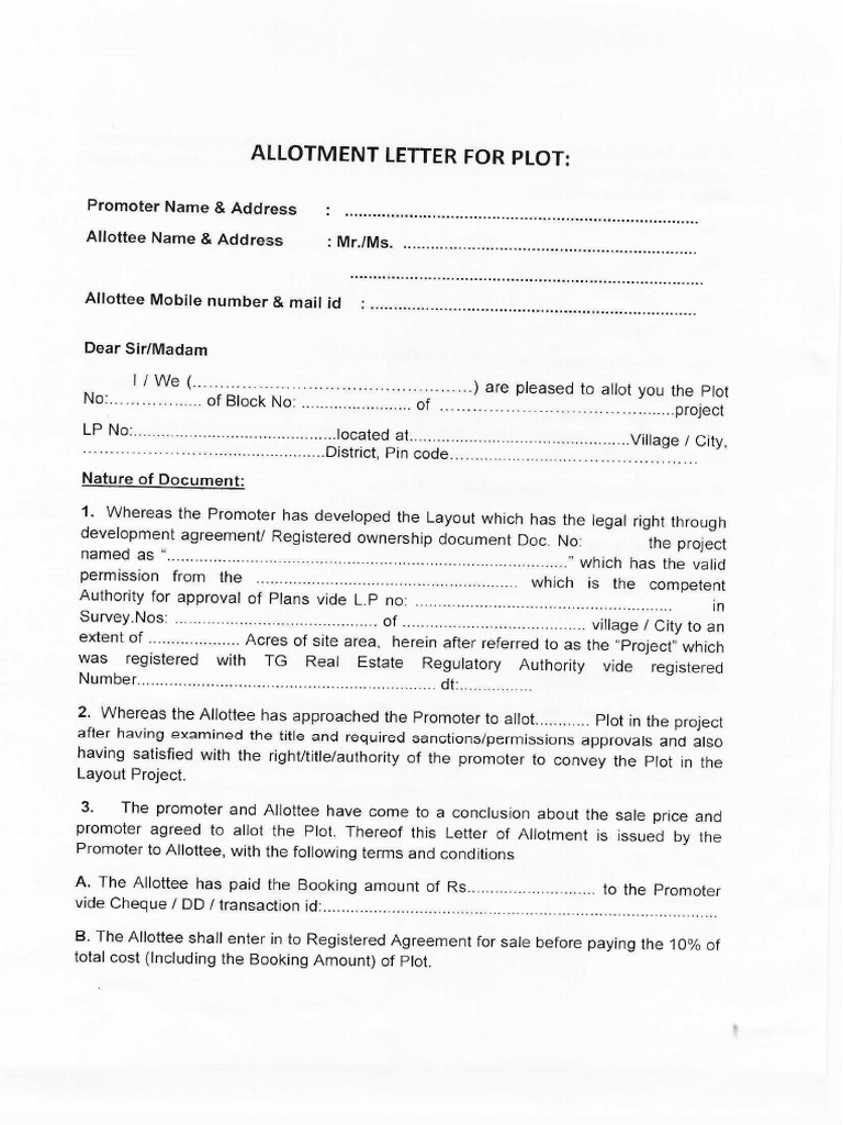 Allotment Letter For PLOT. | PDF